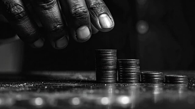 Diminishing Returns A Poignant Image of a Hand Arranging Coins, Symbolizing Economic Setbacks, Debt, and the Ongoing Battle for Financial Stability