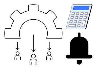 Automation processes, workflow organization, teamwork productivity, decision-making, notifications management, task delegation. Gear symbol distributing tasks, calculator and bell icon. Automation