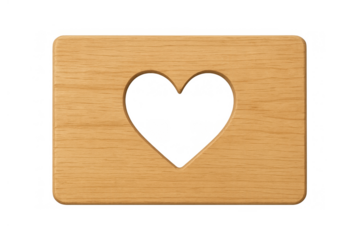 Wooden board featuring a heart shape cutout, symbolizing love, passion, romance, and care, with a transparent background