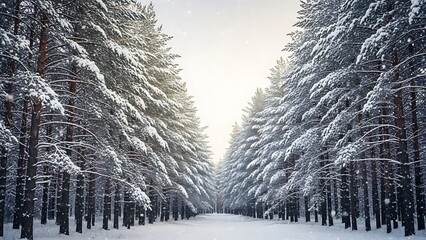 Snow-covered trees line a path in a winter forest, creating a serene and picturesque scene.