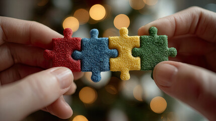 Four puzzle pieces held by hands in front of festive lights represent harmony and human unity. Generated with AI