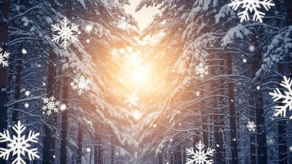 Winter wonderland: Snow-covered trees with sunlight and snowflakes.