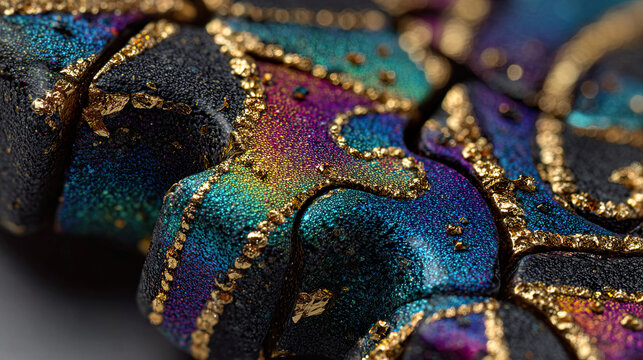 Artistic close-up of black puzzle pieces with multicolored textures and shiny golden details. Generated with AI - Powered by Adobe