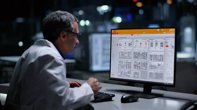 Medium shot of analyst reviewing stress variation charts on screen to anticipate metal deformation and enhance reliability in manufacturing processes