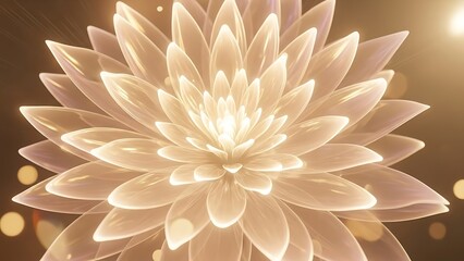 Abstract golden lotus flower with glowing petals and bokeh lights.