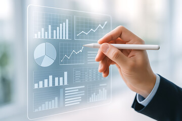 Professional creating business analytics with futuristic digital charts graphs and pie diagrams on transparent virtual dashboard