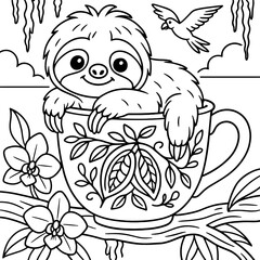 Obraz premium Sloth in Cozy Mug: A charming illustration showcases a sloth perched contentedly within a beautifully decorated mug, accompanied by a small bird and floral accents.