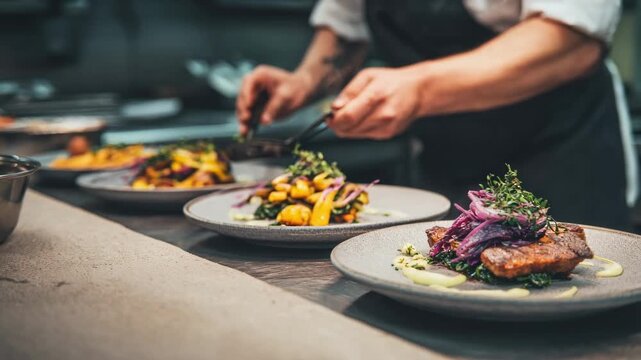 Medium shot of a chef preparing colorful dishes using soybased plant protein on a kitchen counter highlighting the versatility and texture of alternative meats.