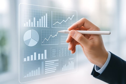 Professional creating business analytics with futuristic digital charts graphs and pie diagrams on transparent virtual dashboard - Powered by Adobe