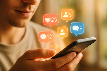 Smartphone with glowing social media interaction alerts for engagement messages community building and online digital networking