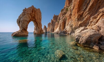 Fototapeta premium Sunlit Mediterranean cliffs with a rock arch over crystal clear sea