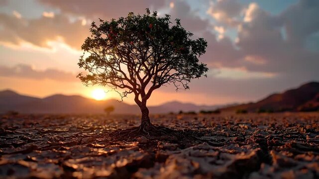 A lone tree stands strong in a vast, cracked desert landscape as the sun sets dramatically, embodying resilience and the enduring spirit of nature amidst drought and environmental challenges