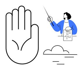 Open hand alongside a person holding a document and pointing upward, accompanied by a cloud. Ideal for teamwork, mindfulness, communication, instruction, guidance, decisions growth. Simple flat