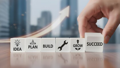 Hand placing a block labeled 'Succeed' in a row of blocks representing a business process.