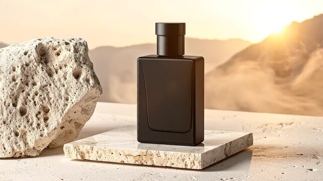 Elegant Black Perfume Bottle Displayed on Marble with Desert Backdrop - Luxurious Fragrance