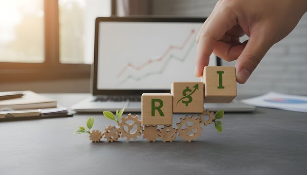 Hand arranging wooden blocks with letters RSI, a dollar sign, and a growth arrow, symbolizing sustainable financial investment and return. - Powered by Adobe
