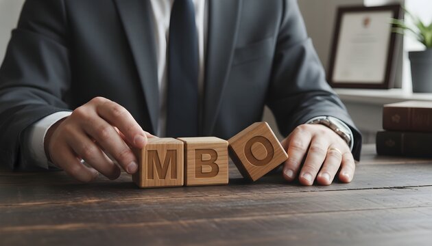 Man arranging wooden blocks spelling MBO on a desk.