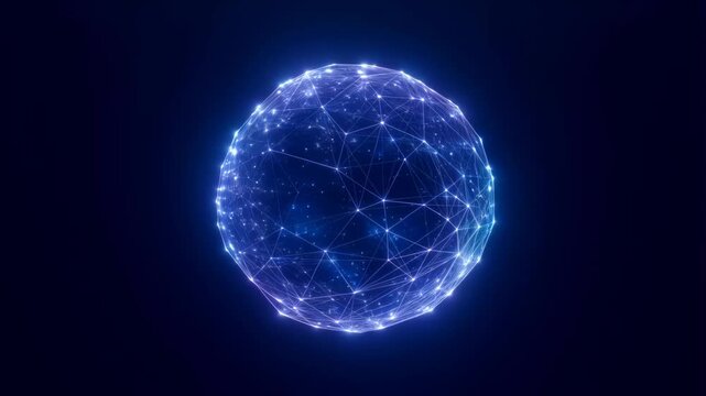 Abstract glowing plexus sphere with vibrant blue and purple network nodes on dark background, digital data flow visualization, futuristic energy source, video footage