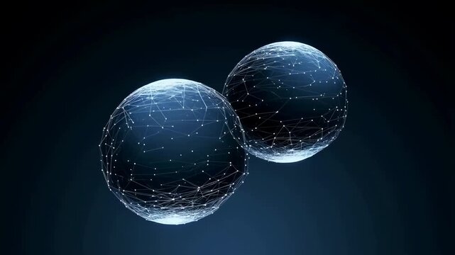 Futuristic interconnected plexus spheres with glowing geometric lines and rotating nodes on dark background video footage