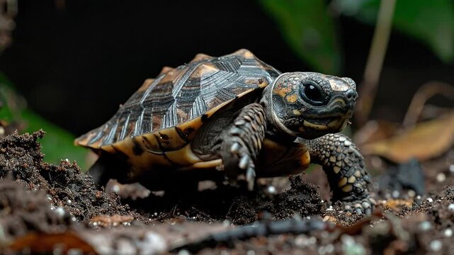 Close-up of a small turtle with an intricate shell walking on dark soil amidst foliage, showcasing its textured skin and curious eyes