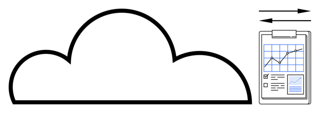 Cloud computing, data management, business analysis, technology, information systems, workflow optimization. Black cloud connected with arrows and a clipboard displaying data graphs. Cloud computing - Powered by Adobe