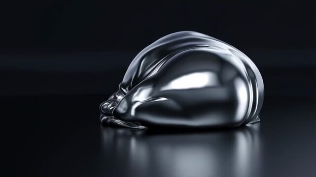 Fluid morphing silver metallic liquid blob on reflective black surface with dynamic chrome animation