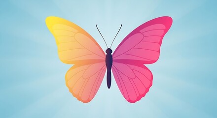 Fototapeta premium A vibrant butterfly with wings split into yellow-orange and pink-magenta colors against a light blue radiant background.