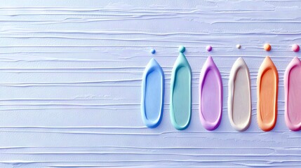 Close-up of six colorful paint swatches on a textured, light blue surface. The swatches are arranged in a row and have a smooth, glossy appearance.