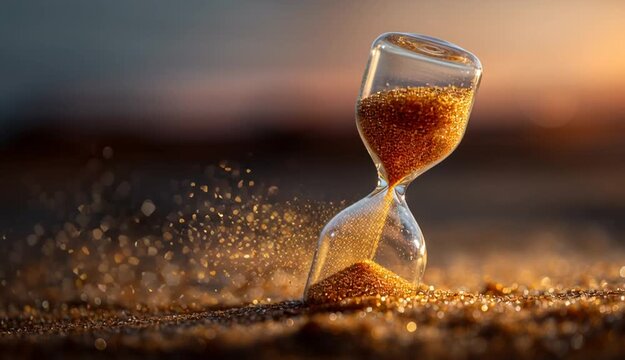 Time running out as golden sand falls in an hourglass. Sunset setting creates a sense of urgency and finality