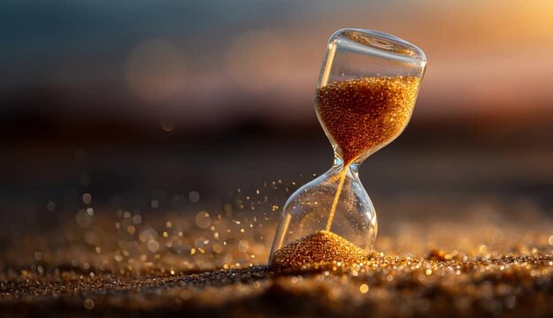 Time running out as golden sand falls in an hourglass. Sunset setting creates a sense of urgency and finality