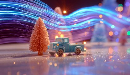 Sparkles drifting across tabletop, toy truck rolling in bearing tree, neon streaks decorating scene - Powered by Adobe
