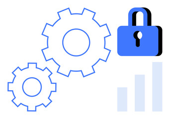 Data security. Illustration combining gears, secure lock, and data chart emphasizing data security. Data security for technology, cybersecurity, process optimization, analytics, and privacy