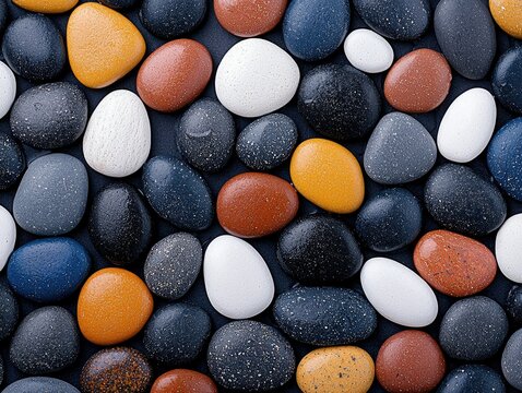 Close-up of a collection of smooth, colorful pebbles in various sizes and hues, arranged on a dark background. The pebbles create a visually appealing pattern.
