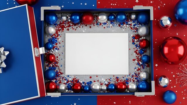 Festive patriotic gift box with ornaments and confetti for fourth of july celebration