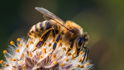 Honeybee gathers pollen on a dandelion flower, showcasing nature's beauty and the importance of pollinators in a natural, vibrant, and elegant style