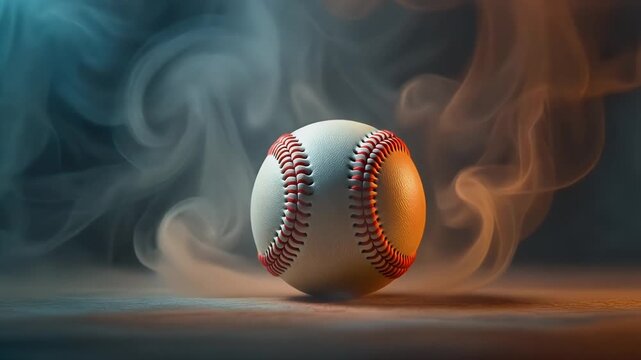 Baseball Ball with Red Stitching on Dark Background Surrounded by Smoke