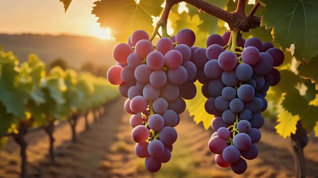 Close Up of Dark Purple Grapes Hanging on Vines at Sunset in a Vineyard