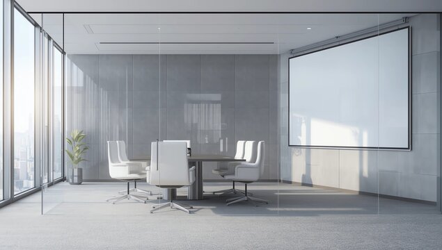 Contemporary futuristic conference interior room with blank plasma on wall and city view. Presentation concept. 3D Rendering - Powered by Adobe