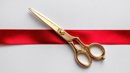 Gold scissors cutting red ribbon on white background symbolizing grand opening and business launch success
