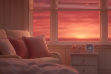 Fototapeta premium Cozy evening sanctuary, Gentle sunset illuminates peaceful sleeping corner, Soft evening hues fill quiet bedroom designed for restful solitude and creative inspiration