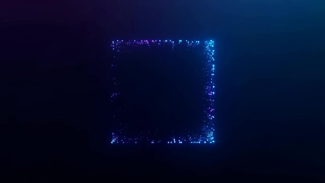 Glowing digital cube dissolve and reform animation with neon blue and purple pixels on a dark background, futuristic pixel art effect video footage