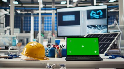 Chroma key mockup laptop in empty photovoltaics facility used to diagnose malfunctioning systems....