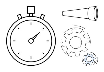 Time management, process improvement, business planning, teamwork, innovation, productivity. Stopwatch, telescope and gears in minimal style. Time management and process improvement concepts