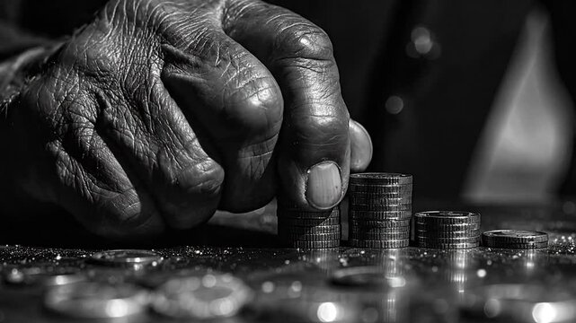 The delicate act of an aged hand meticulously placing coins, illustrating concepts of saving, financial prudence, and the enduring value of accumulated wealth through time