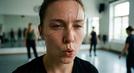 Focused exertion: A young woman, caught in a moment of intense concentration and physical effort, breathes heavily as she practices a challenging routine. Capturing the intensity, strain.