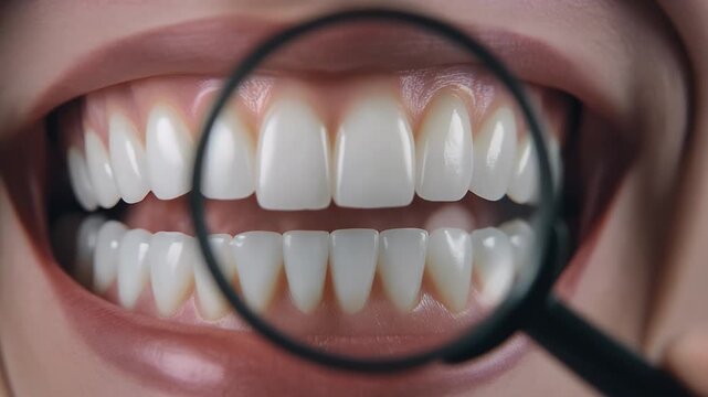 Close Up of Healthy White Teeth Examined With Magnifying Glass Oral Health