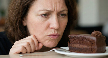 Temptation’s Gaze: A captivating image of a person wrestling with inner conflict and craving as they confront a luscious slice of chocolate cake