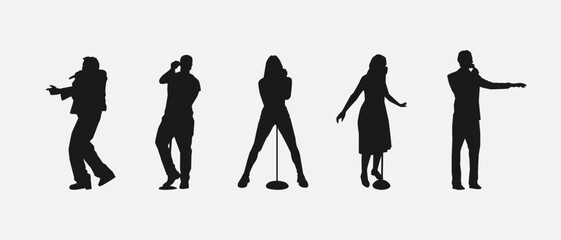 Silhouettes of singers. Vocalist with different poses. Isolated vector illustration.