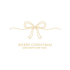 Luxury gold Christmas greeting card template vector; Minimalist ribbon bow line art design; Merry Christmas and Happy New Year background