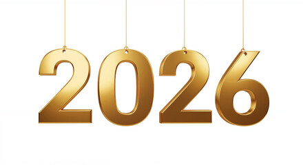 Golden 2026 numbers hanging on strings for a Happy New Year celebration, isolated on a white background. 3D illustration.